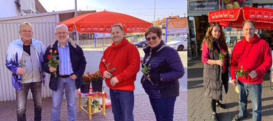 v.l.n.r Uwe Gottschalk,Thomas Scholz,Rüdiger Kanzler,Kristina Reiber und Frauke Kühnl verteilen Rosen am Weltfrauentag